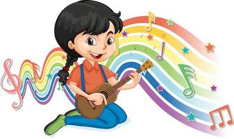 ragazza che suona la chitarra con i simboli della melodia sull'onda arcobaleno vettore
