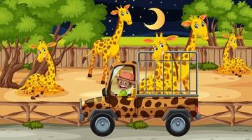 safari di notte con molte giraffe vettore