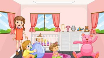 scena della camera da letto rosa con una ragazza e bambini vettore