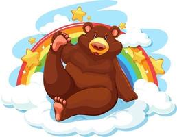 orso grizzly sulla nuvola con arcobaleno vettore