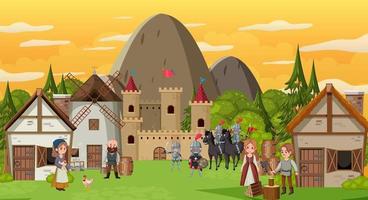 scena della città medievale con abitanti del villaggio e guerrieri vettore