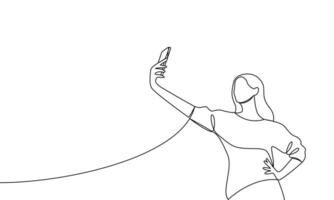 un' donna con sua mano su sua anca prende un' autoscatto o spara un' video attraverso un' mobile Telefono, smartphone. vettore illustrazione continuo linea, linea arte, schema