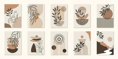 botanico parete arte vettore impostare. terra tono boho fogliame linea arte disegno con astratto forma. astratto pianta arte design per Stampa, coperchio, sfondo, minimo e naturale parete arte