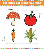 tagliare colore e imparare flashcard attività colorazione libro per bambini con carino cartone animato verdure vettore