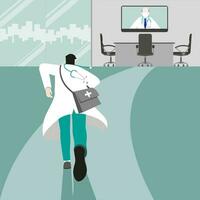 indietro Visualizza di medico correre per in linea conferenza un esperto anziano medico a partire dal altro Ospedale. vettore