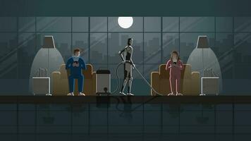 robot opera come domestica nel il Casa per 24 ore nel il buio e pieno chiaro di luna con le persone. vettore