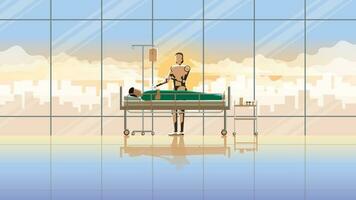 medico robot dai un'occhiata su malato paziente dormire su il letto nel ospedale a il presto mattina vettore
