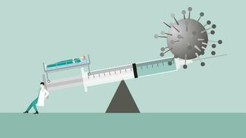 medico concetto. medico conservazione equilibrio su vaccino siringa fra virus e paziente. vettore