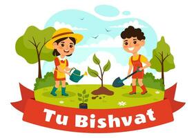 contento tu bishvat vettore illustrazione. traduzione il ebraico nuovo anno per alberi. bambini piantato un' albero nel il cortile nel piatto cartone animato sfondo design