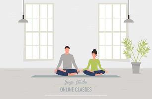 lezioni di yoga online, un uomo e una donna seduti nella posa del loto vettore