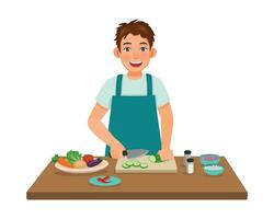 giovane uomo cucinando pasto taglio affettare cetriolo verdura con coltello nel il cucina vettore