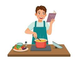 giovane uomo cucinando pasto lettura ricetta libro nel il cucina vettore