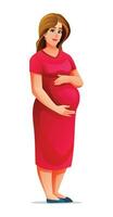 incinta donna abbracciare sua gonfiarsi. vettore cartone animato illustrazione