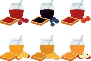 crostini con frutta e bacca marmellata per prima colazione e bicchiere vaso di marmellata vettore illustrazione
