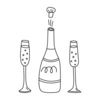 bottiglia di Champagne con bicchieri mano disegnato scarabocchio vettore illustrazione nero schema. grande per colorazione e saluto carte