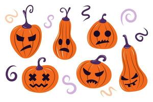 impostato lavorato Halloween zucca con spaventoso viso. vettore illustrazione