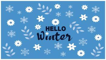 Ciao inverno lettering con fiori e i fiocchi di neve su blu sfondo. eps10 vettore