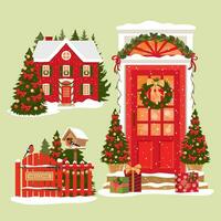 Natale elementi impostare. un' rosso a due piani Casa con ghirlande. decorato davanti porta con i regali. un' recinto con un' birdhouse e rosso crestato uccelli. illustrato vettore clipart.