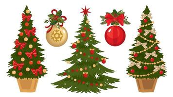 decorato Natale alberi impostare. Natale palle decorato con agrifoglio e vischio. illustrato vettore clipart.