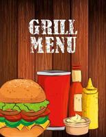 menu alla griglia con deliziosi hamburger su fondo in legno vettore
