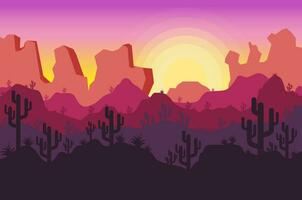 piatto cartone animato illustrazione di bellissimo deserto pomeriggio panorama. largo distesa di sabbia, cactus impianti e tramonto. panoramico design vettore