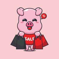 carino maiale con shopping Borsa nel nero Venerdì vendita cartone animato vettore illustrazione