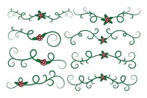 Natale fiorisce turbinii divisori Linee decorativo elementi, Vintage ▾ calligrafia scorrere allegro Natale testo divisore filigrana elegante, inverno agrifoglio intestazioni fantasia separatore verde pagina arredamento vettore