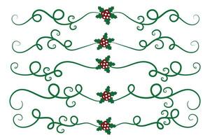 Natale fiorisce turbinii divisori Linee decorativo elementi, Vintage ▾ calligrafia scorrere allegro Natale testo divisore filigrana elegante, inverno agrifoglio intestazioni fantasia separatore verde pagina arredamento vettore