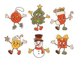 pupazzo di neve, Natale albero e calza, regalo e caldo cioccolato tazza, palla è pattinando. carino vecchio retrò cartone animato stile personaggi ballando. per adesivi, manifesti, cartoline, design elementi. vettore