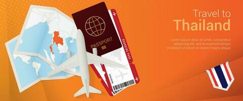 viaggio per Tailandia pop-under striscione. viaggio bandiera con passaporto, Biglietti, aereo, imbarco passaggio, carta geografica e bandiera di Tailandia. vettore