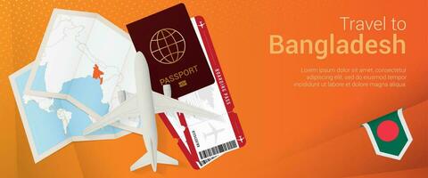 viaggio per bangladesh pop-under striscione. viaggio bandiera con passaporto, Biglietti, aereo, imbarco passaggio, carta geografica e bandiera di bangladesh. vettore