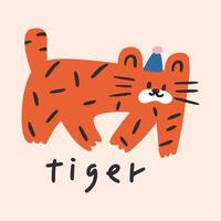 mano disegnato carino divertente bambini cartone animato illustrazione di tigre con cappello vettore