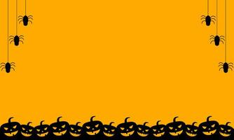 giallo nero Halloween illustrazione vettore grafico sfondo con zucche testa, sospeso ragni e un' copia spazio la zona