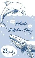 mondo balena e delfino giorno luglio 23. vettore verticale manifesto. balene siamo disegnato di mano, incisione tecnica, linea disegno. mare animali nuotare nel il oceano ambientale protezione concetto. oceano giorno.