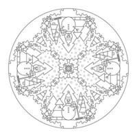 Natale mandala. colorazione pagina Natale tema. pupazzo di neve e abete albero. neve cadente. vettore