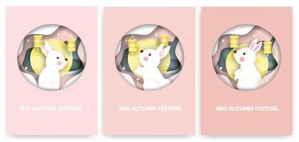 set di carte del festival di metà autunno con simpatici conigli. vettore