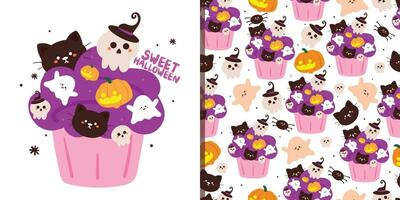 Halloween senza soluzione di continuità modello e carta con cartone animato cupcake, e Halloween elemento. carino Halloween sfondo e carta per vacanza tema, regalo avvolgere carta vettore