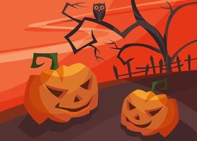 banner con teste di zucca al tramonto sanguinante. disegno del cartello di halloween. vettore