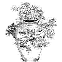 un' nero e bianca disegno di un' in vaso pianta, vaso vettore