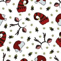 Natale cappello, elfo cappello, fasce con giocattolo renna corna, abete alberi e stelle colorato scarabocchio senza soluzione di continuità modello. mano disegnato Natale copricapi su bianca sfondo. vettore