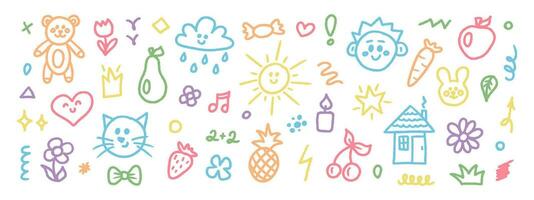 carino scarabocchio mano disegnato bambini impostare. colorato elemento di scarabocchiare, cuore, animale, fiore, sole e nube. vettore illustrazione