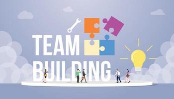 concetto di team building con testo di grandi parole e puzzle con persone del team