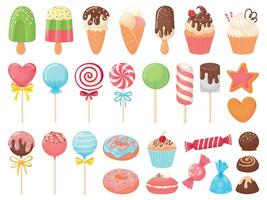 cartone animato dolci. dolce ghiaccio crema, cupcakes e cioccolato caramelle. delizioso ciambella, biscotti e caramella su bastone vettore illustrazione impostato