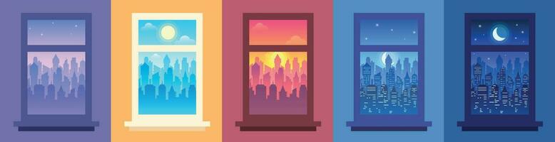 giorno città paesaggio nel finestra. modificare di tempo di giorno, notte città Visualizza a partire dal finestra e paesaggio urbano nel telaio vettore illustrazione impostato