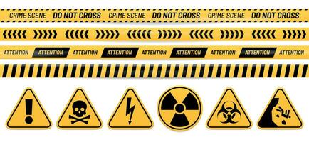 Pericolo nastro e cartello. Attenzione, veleno, alto voltaggio, radiazione, rischio biologico e caduta avvertimento segni. attenzione nastro vettore impostato