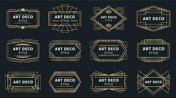 d'oro arte deco distintivi. oro telaio etichetta, decorativo distintivo e geometrico montatura vettore impostato