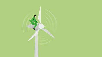 verde energia concetto. un' uomo d'affari cavalcata su un' vento turbina Generatore energia mulino a vento. vettore