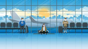 solo calma donna d'affari si siede e medita a un internazionale aeroporto terminale, fra viaggiatori vettore