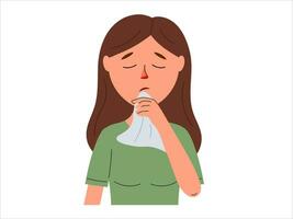 malsano donna soffiaggio naso soffrire a partire dal influenza o freddo. malato persone lotta con Salute i problemi, avere influenza o covid sintomi. vettore illustrazione