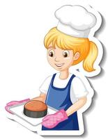 ragazza chef con vassoio al forno adesivo personaggio dei cartoni animati vettore